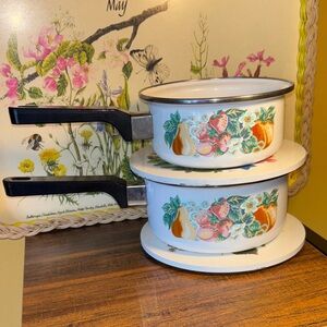 Floral Enamel Saucepan Set with Black Handles